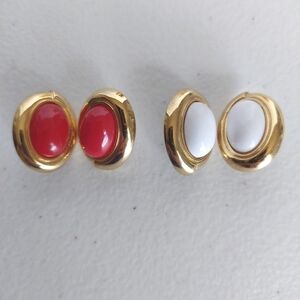 Vtg Monet Gold Tone Red Cabuchon And White Cabuchon 2 Sets Of Earrings!